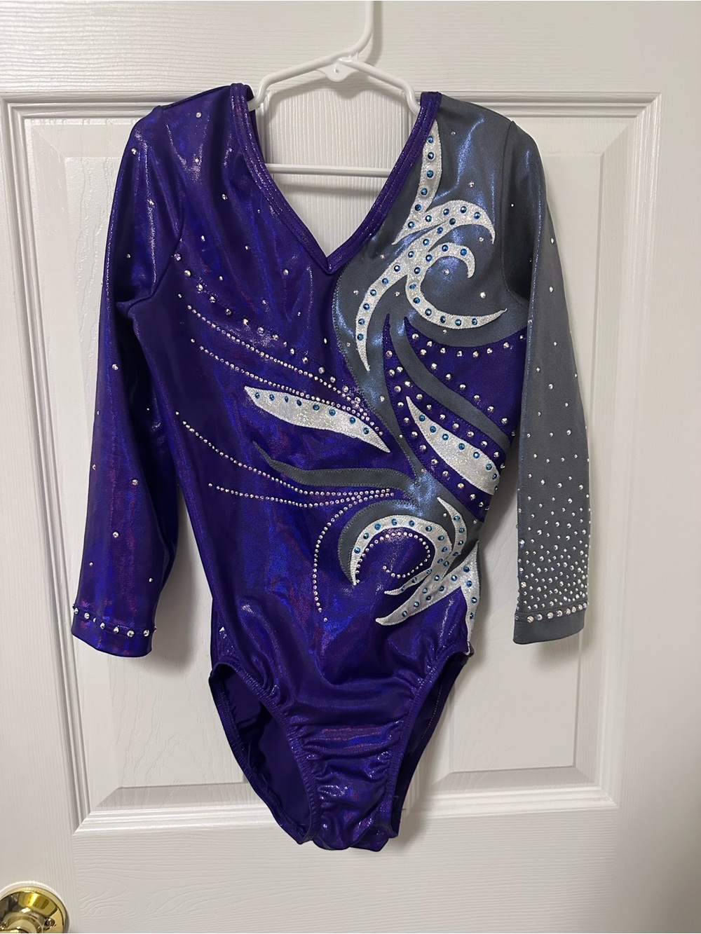 GK Purple and Gray Sparkle Long-Sleeve Gymnastics Leotard